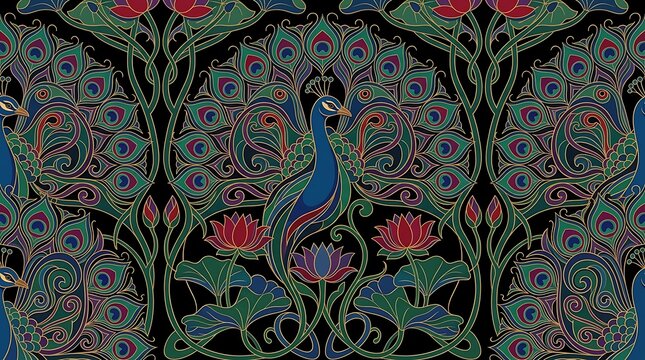 Elegant peacock and lotus flower ornate pattern on black background