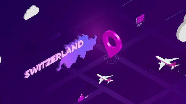 Isometric Design, Switzerland Map Silhouette Location Pin and Airplanes on Purple Animation, Travel Background