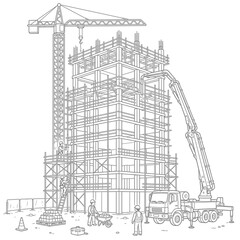 Fototapeta premium Building Construction Site Outline Illustration with Tower Crane, Concrete Pump Truck, Workers and High Rise Architecture Line Art
