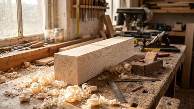 Wooden block on carpenter workbench with tools and shavings
