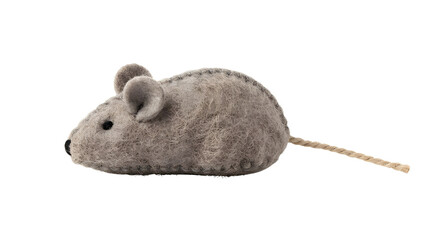 Cute handmade grey felt mouse toy for cats with rope tail isolated on black background. © Jurairat