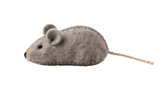Cute handmade grey felt mouse toy for cats with rope tail isolated on black background.