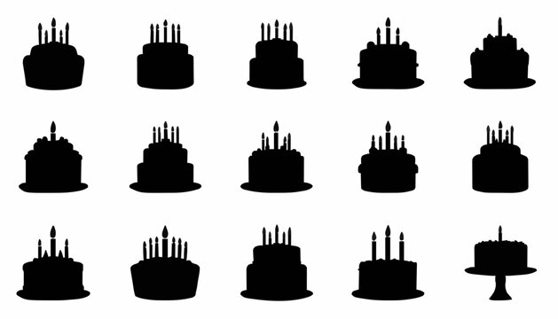 Birthday Cake Silhouette Collection Set with Candles Vector Icons