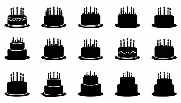 Birthday Cake Silhouette Collection Set with Candles Vector Icons