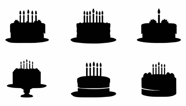 Birthday Cake Silhouette Collection Set with Candles Vector Icons