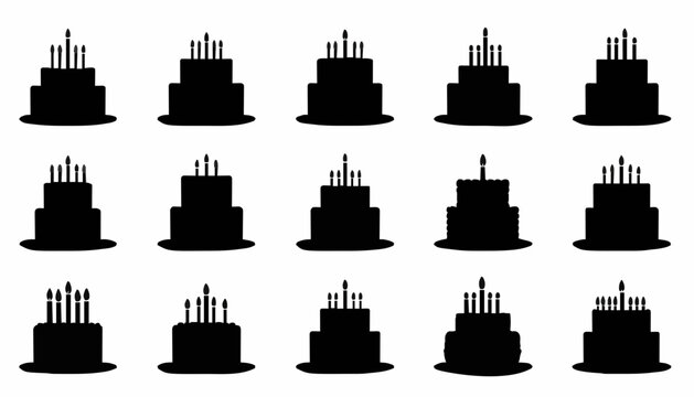 Birthday Cake Silhouette Collection Set with Candles Vector Icons