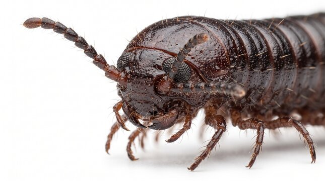 A macro close-up of a dark brown millipede's head on a white background, highlighting its detailed eyes, antennae, and textured exoskeleton.