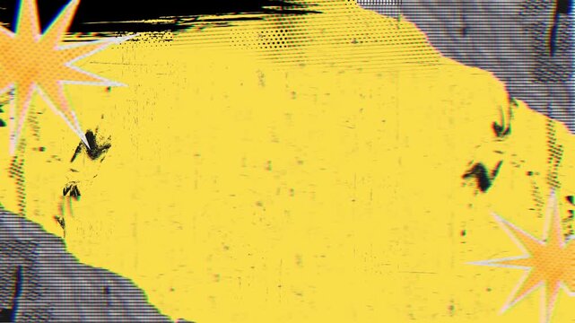 Abstract yellow and black Y2K grunge texture motion background loop, retro halftone comic texture backdrop with star elements for video editing.