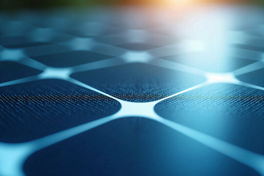 Close up of modern solar panel cells with sunlight reflection illustrating renewable energy technology and sustainable power generation innovation concept