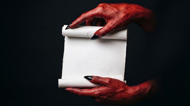 Red skinned hands with black nails holding unrolled parchment scroll