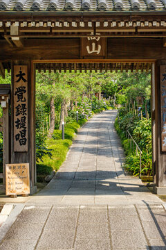 Traditional Japanese Temple Gate Opening to a Stone Pathway and Lush Garden