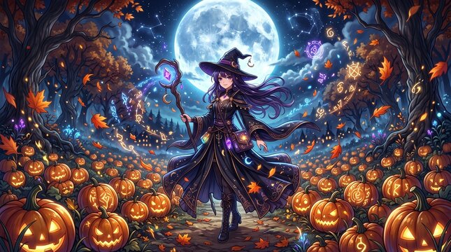A young witch in flowing black robes standing in an enchanted pumpkin field beneath a massive full moon