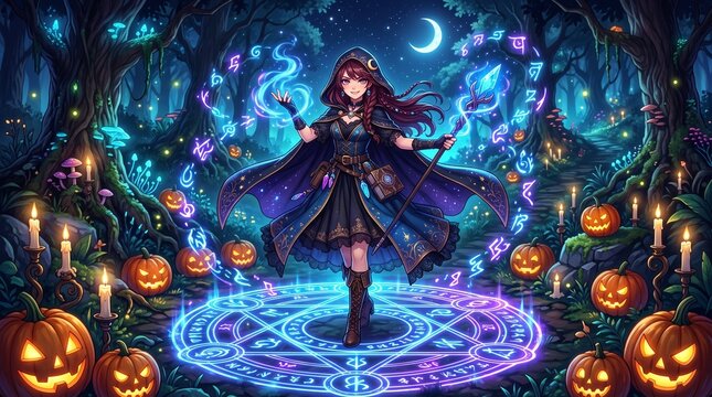 A young witch standing inside a glowing magical spell circle surrounded by carved pumpkins,