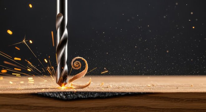 Macro view of a sharp drill bit rotating into wood creating bright orange sparks and dust for industrial projects and workshop concepts, carpentry, particles, material
