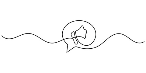 Obraz premium Megaphone speech bubble continuous line art showing a minimalist announcement symbol vector.