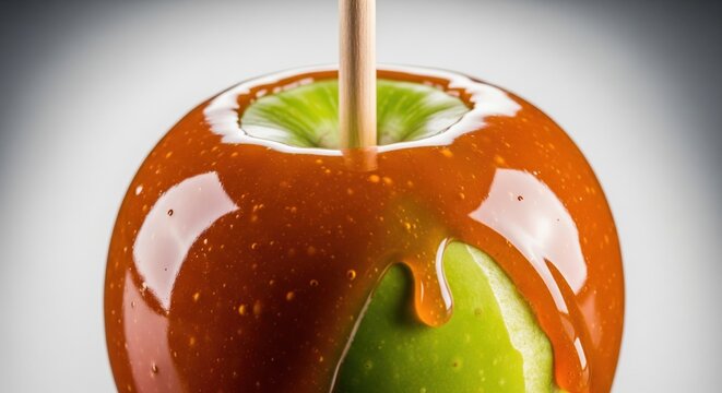 Caramel apple with a wooden stick isolated on a grey background studio shot