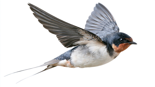 A barn swallow flying in mid-air with wings spread wide, isolated on a clean white background.