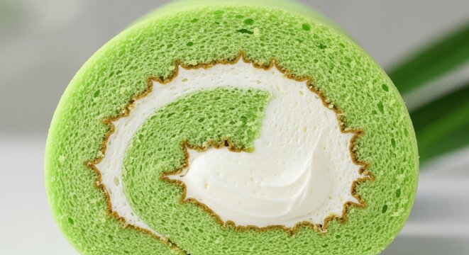 Close up of a green pandan swiss roll cake with cream filling