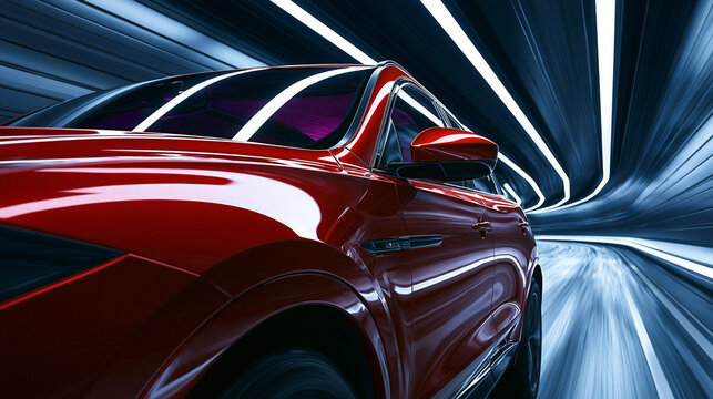 A dynamic close-up of a sleek red luxury SUV speeding through a futuristic light tunnel with glowing blue trails.
