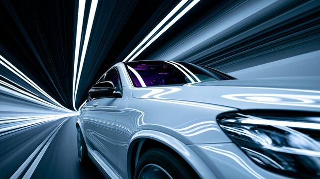 A dynamic close-up of a white modern SUV speeding through a futuristic light tunnel with glowing blue trails.