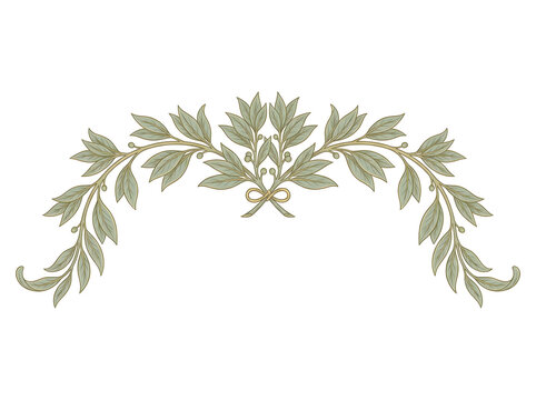 Vintage laurel wreath illustration with sage green leaves and gold ribbon, elegant botanical arch design for wedding invitations and luxury branding. Classic olive branch garland border with
