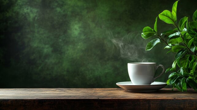 Steaming cup on wooden surface, green backdrop