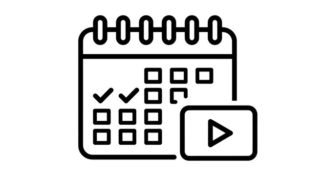 Calendar with video play button icon overlay representing scheduling, planning, and multimedia content.