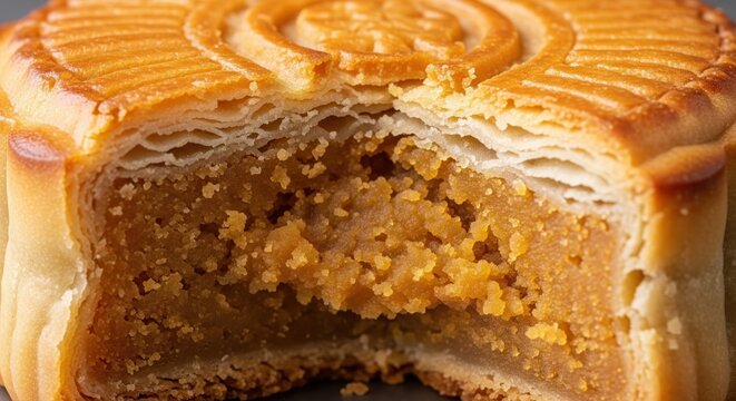 Close up of a traditional mooncake with lotus paste filling for Mid-Autumn festival