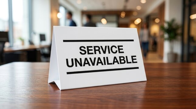 White service unavailable sign sitting on a polished wooden desk inside a modern corporate office