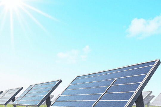Solar energy panels under bright sun rays on a clear blue sky day representing renewable clean power technology solutions and sustainability