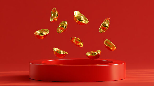 3D render of gold Chinese sycee ingots floating above a red circular podium on a red background, representing wealth and Chinese New Year prosperity