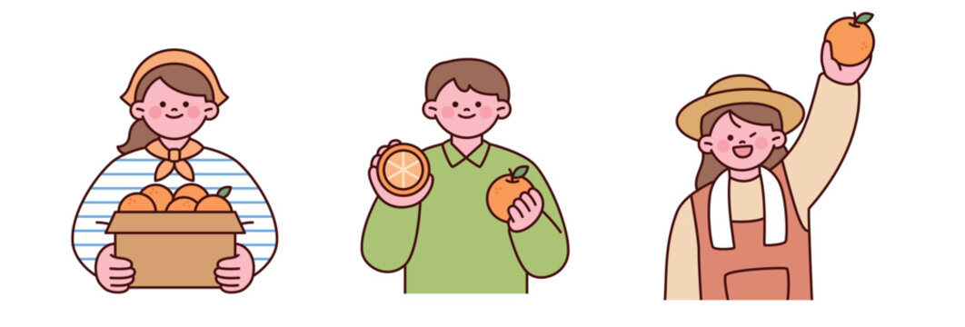 Cute citrus farmers holding fresh oranges and a harvest box. Flat vector illustration for agriculture, organic farming and healthy food themes.