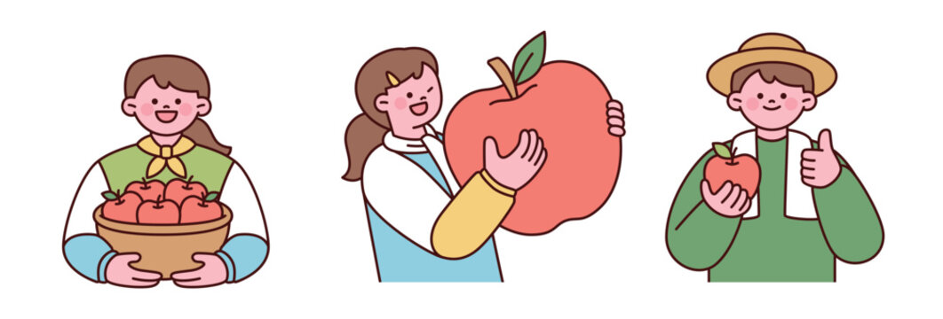 Happy apple farmers holding fresh apples and harvest baskets. Cute flat vector illustration for agriculture, farming, organic food and autumn themes.