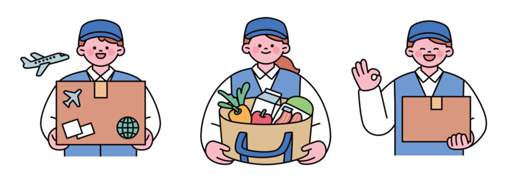 Friendly delivery workers with parcels, groceries and shipping boxes. Flat vector illustration for logistics, courier and delivery services.