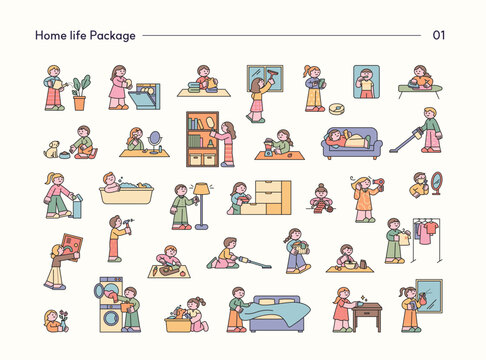People doing daily household chores at home. Cute flat vector illustration featuring cleaning, laundry, cooking and home management activities.