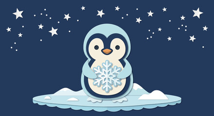 Fototapeta premium Cute cartoon penguin holding snowflake on ice floe, starry night