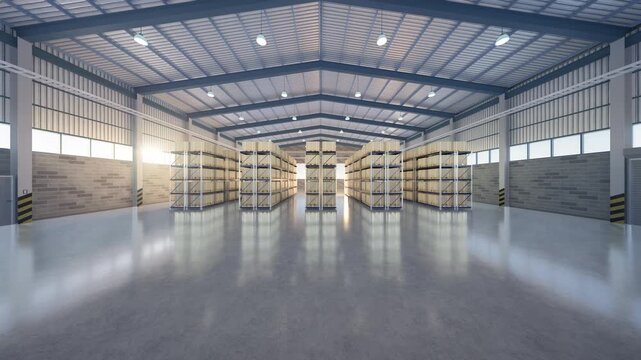 Warehouse interior with organized shelving, stacked goods, storage aisles, slow forward, commercial logistics, distribution center, inventory management, fulfillment facility, realistic 3D background.