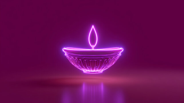 Minimalist glowing neon purple diya lamp floating on a dark violet background, perfect for Diwali festival celebration banner