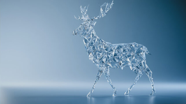 Abstract 3D low poly crystal glass deer on blue background, elegant polygon stag statue with reflection