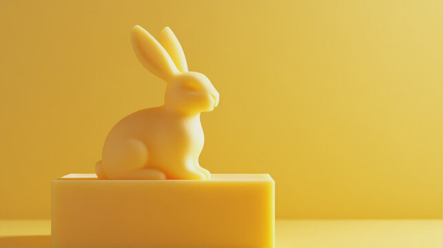 Minimalist yellow rabbit figurine sitting on a pedestal against a solid yellow background, cute easter bunny concept