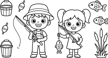 Cute Cartoon Kids Fishing Coloring Page Vector Illustration with Boy Girl Rods Buckets and Fish