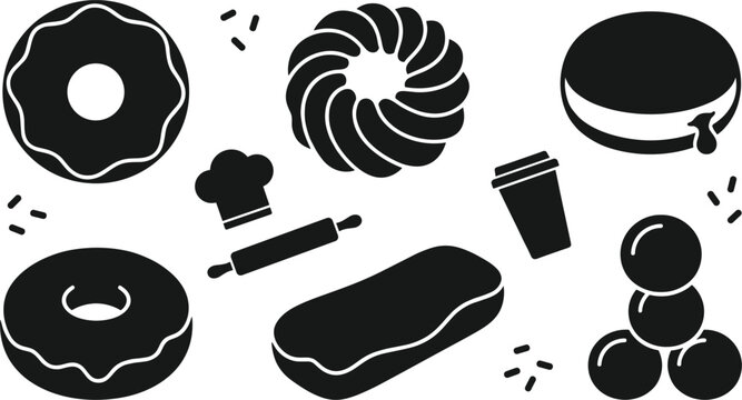 Bakery Donut and Pastry Silhouette Vector Icon Set with Glazed Donuts Eclair Coffee and Baking Tools