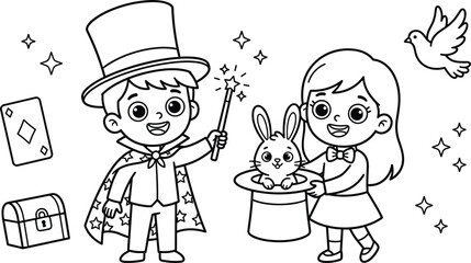 Cute Cartoon Kids Magician Coloring Page Vector Illustration with Boy Girl Wand Rabbit and Dove