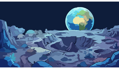 Cartoon moon surface vector landscape with craters Earth and outer space elements © Suborna