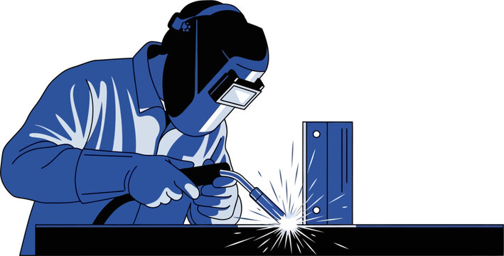 Professional welder in protective gear welding metal with sparks flying vector illustration.