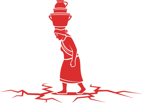 Red vector illustration of an Indian woman carrying water pots on her head walking on cracked dry ground.