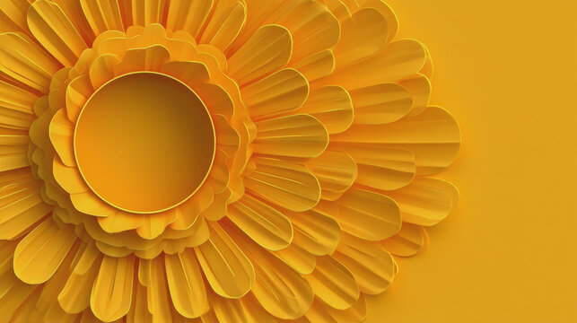 3D render of a stylized yellow flower with layered petals and a central circular frame, papercut style background