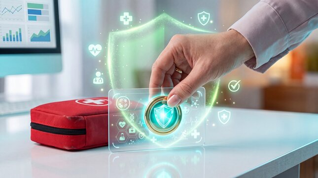 Professional hand activating digital health security protection shield interface concept for medical data safety
