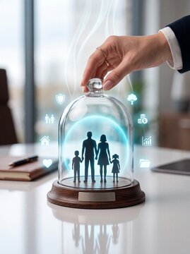 Hand placing glass dome over family silhouettes representing comprehensive protection with floating icons