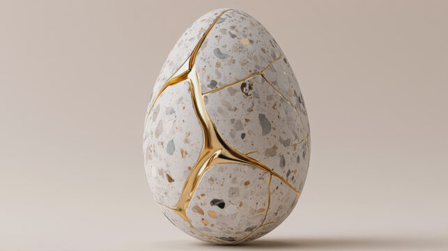 Terrazzo stone egg repaired with gold in Kintsugi style on beige background conceptual art